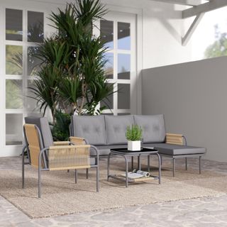 Conjunto De Muebles De Jardín De Ratan 4 Piezas, Salón De Exterior Con Sofá De 2 Plazas, Sillón, Chaise Longue Con Cojines Lavables Y Mesa De Cristal, Conjunto De Jardín Exterior, Gris Oscuro