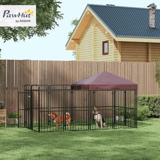 Kennel para Perros de Exterior, Recinto para Perros con Techo Anti-Uv Impermeable, Jaula para Perros Grandes de Metal, 282X141X160.5Cm, Marrón