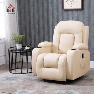 Sillón Masajeador Reclinable Manual, Sillón Relax Eléctrico Calentador Giratorio Con Balanceo, Portavasos, Control Remoto, Reposapiés, Bolsillos Laterales, en Piel PU, Crema