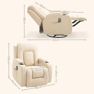 Sillón Masajeador Reclinable Manual, Sillón Relax Eléctrico Calentador Giratorio Con Balanceo, Portavasos, Control Remoto, Reposapiés, Bolsillos Laterales, en Piel PU, Crema