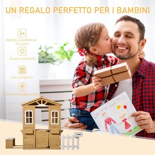 Casita para Niños de Madera, Juegos de Jardín para Niños con Ventanas, Cercado, Maceteros y Banco, 205X119X140 Cm, Madera Natural y Blanca