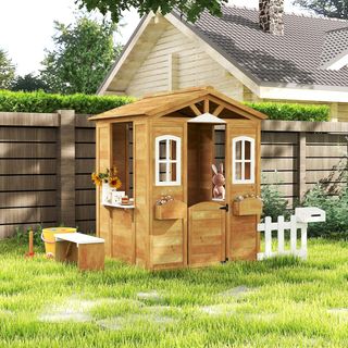 Casita para Niños de Madera, Juegos de Jardín para Niños con Ventanas, Cercado, Maceteros y Banco, 205X119X140 Cm, Madera Natural y Blanca