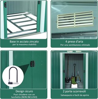 Caseta De Jardín Para Herramientas De Chapa De Acero, Cobertizo De Jardín De Acero Con Base Y Puertas Correderas, 258X206X178Cm, Verde