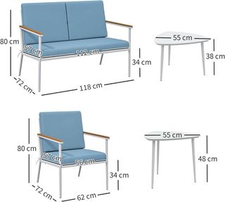 Conjunto de Jardín de 5 Piezas, Con Sofá de Exterior de 2 Plazas, 2 Sillones, 2 Mesas de Café con Tapa de Cristal y Cojines Desfundables, Conjunto de Muebles para Terraza y Patio, Azul