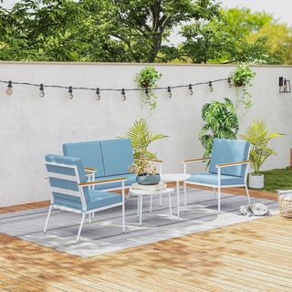 Conjunto de Jardín de 5 Piezas, Con Sofá de Exterior de 2 Plazas, 2 Sillones, 2 Mesas de Café con Tapa de Cristal y Cojines Desfundables, Conjunto de Muebles para Terraza y Patio, Azul