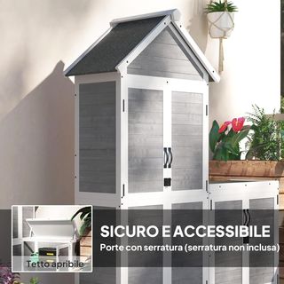 Cobertizo para Herramientas de Jardín 0.32M² en Madera de Abeto, Caseta de Herramientas de Jardín con Armario, Estantes Regulables, Base Elevada y Techo Abierto Impermeable, Gris Claro