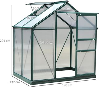 Invernadero de Jardín de Policarbonato 190X132X201Cm, Invernadero para Plantas con Base, Estructura de Aluminio, Ventana y Puerta Corredera