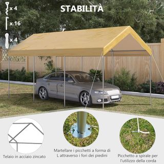 Toldo De Jardín Ajustable En Altura De Acero Y PE Para Coches Pequeños Y Medianos Con Estacas Y Cuerdas Incluidas, 600X295X265-310 Cm, Beige