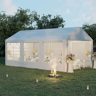 Gazebo De Jardín 6X3 M Con Ventanas Laterales, Carpa Para Fiestas De 3 Habitaciones Con Puertas De Cremallera Y Recubrimiento anti UV, Blanco