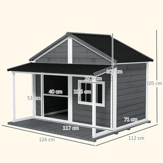 Caseta para Perros de Exterior con Techo Impermeable, Casita para Perros de Madera de Abeto con Ventana y Terraza, 124X112X105Cm, Gris