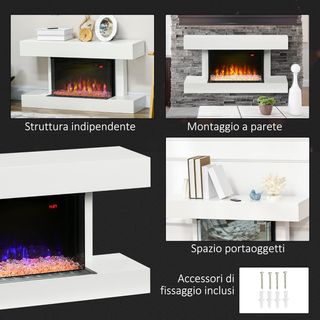 Chimenea Eléctrica de 11 Colores con Apagado Automático y Temporizador de 12H, Chimenea de Pared en MDF, Acero y Vidrio Templado, 98X27X54.5 Cm, Blanco