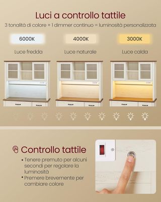 Credenza Cocina Con Luz Y Toma De Corriente, Mueble Despensa Cocina Con Puertas Y Cajón, 39,5 X 106,5 X 180,6 Cm, Con Estantes Regulables, Estilo Campestre, Blanco Vintage Y Marrón Miel BBK391W02