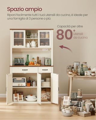 Credenza Cocina Con Luz Y Toma De Corriente, Mueble Despensa Cocina Con Puertas Y Cajón, 39,5 X 106,5 X 180,6 Cm, Con Estantes Regulables, Estilo Campestre, Blanco Vintage Y Marrón Miel BBK391W02