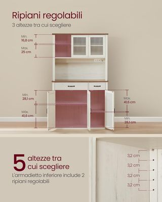 Credenza Cocina Con Luz Y Toma De Corriente, Mueble Despensa Cocina Con Puertas Y Cajón, 39,5 X 106,5 X 180,6 Cm, Con Estantes Regulables, Estilo Campestre, Blanco Vintage Y Marrón Miel BBK391W02