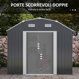 Caseta de Jardín 2.7m² de Acero Galvanizado con Estantes Regulables, Salidas de Aire, Cobertizo de Jardín con Cerradura, Techo Inclinado, Doble Puerta Corredera Bloqueable, Gris Oscuro