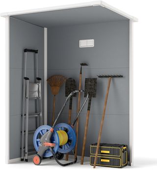 Caseta de Jardín para Herramientas con Acabado Efecto Madera Raspada con Suelo, 1.14M² Caseta de Jardín con Puerta y Cerradura, Techo Inclinado, 151X92X193Cm, Gris