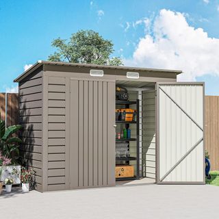Caseta de Jardín 2.7M² en Acero Galvanizado, Cobertizo para Herramientas con Techo Inclinado, 2 Salidas de Aire, Puertas Bloqueables con Candado y Llaves, Guantes, 249X121X183 Cm, Gris Claro
