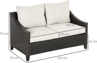 Sofá De Jardín De 2 Plazas En Rattan PE, Sofá De Exterior Con Cojines Acolchados Y Patas Regulables, 132X70X74Cm, Marrón