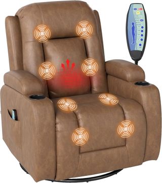 Sillón Masajeador Reclinable Manual, Sillón Relax Giratorio, Lumbar Calefactable Con Balanceo, Portavasos, Control Remoto, Reposapiés, Bolsillos Laterales, en Piel PU, Marrón Claro
