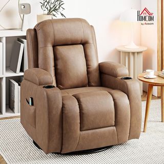 Sillón Masajeador Reclinable Manual, Sillón Relax Giratorio, Lumbar Calefactable Con Balanceo, Portavasos, Control Remoto, Reposapiés, Bolsillos Laterales, en Piel PU, Marrón Claro