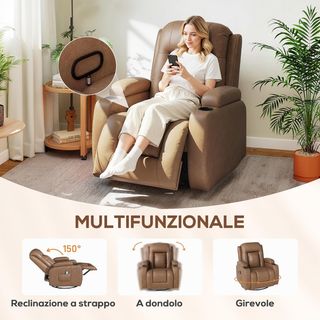 Sillón Masajeador Reclinable Manual, Sillón Relax Giratorio, Lumbar Calefactable Con Balanceo, Portavasos, Control Remoto, Reposapiés, Bolsillos Laterales, en Piel PU, Marrón Claro
