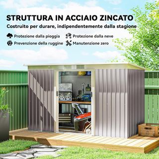 Caseta de Jardín 3.2M² de Acero Galvanizado con Kit de Fundación, Salidas de Aire, Cobertizo para Herramientas con Techo Inclinado, Doble Puerta Corredera Bloqueable, Gris Claro