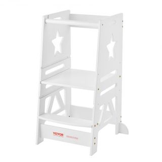 Escalera de Torre para Niños y Niñas, Taburete de Cocina Ajustable en 3 Niveles para Niños, Taburete de Aprendizaje de Bambú con Barandilla de Seguridad para Dormitorio y Baño, Carga de 350LBS, Blanco