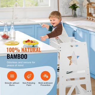 Escalera de Torre para Niños y Niñas, Taburete de Cocina Ajustable en 3 Niveles para Niños, Taburete de Aprendizaje de Bambú con Barandilla de Seguridad para Dormitorio y Baño, Carga de 350LBS, Blanco