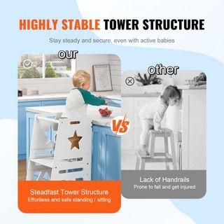 Escalera de Torre para Niños y Niñas, Taburete de Cocina Ajustable en 3 Niveles para Niños, Taburete de Aprendizaje de Bambú con Barandilla de Seguridad para Dormitorio y Baño, Carga de 350LBS, Blanco