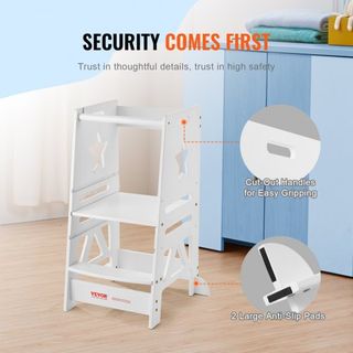 Escalera de Torre para Niños y Niñas, Taburete de Cocina Ajustable en 3 Niveles para Niños, Taburete de Aprendizaje de Bambú con Barandilla de Seguridad para Dormitorio y Baño, Carga de 350LBS, Blanco