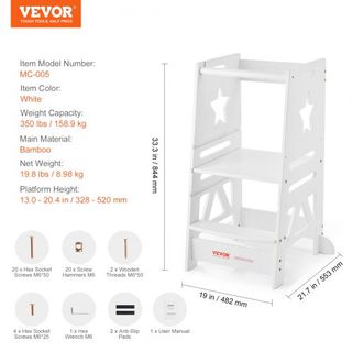 Escalera de Torre para Niños y Niñas, Taburete de Cocina Ajustable en 3 Niveles para Niños, Taburete de Aprendizaje de Bambú con Barandilla de Seguridad para Dormitorio y Baño, Carga de 350LBS, Blanco