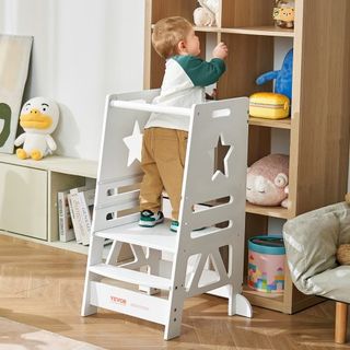 Escalera de Torre para Niños y Niñas, Taburete de Cocina Ajustable en 3 Niveles para Niños, Taburete de Aprendizaje de Bambú con Barandilla de Seguridad para Dormitorio y Baño, Carga de 350LBS, Blanco