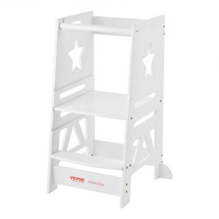 Escalera de Torre para Niños y Niñas, Taburete de Cocina Ajustable en 3 Niveles para Niños, Taburete de Aprendizaje de Bambú con Barandilla de Seguridad para Dormitorio y Baño, Carga de 350LBS, Blanco