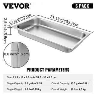 6 Paquete de Bandejas de Vapor 20.9 x 12.8 x 2.6 Pulgadas Bandeja de Vapor Profunda Tamaño Completo Contenedor de Alimentos Profundo de 8.5L Bandeja de Horno de Acero Inoxidable Bandejas de Hotel ...