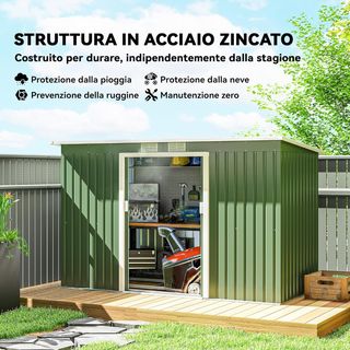 Caseta de Jardín 3.2M² de Acero Galvanizado con Kit de Fundación, Salidas de Aire, Cobertizo para Herramientas con Techo Inclinado, Doble Puerta Corredera Bloqueable, Verde Claro