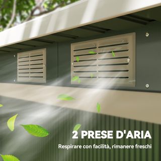 Caseta de Jardín 3.2M² de Acero Galvanizado con Kit de Fundación, Salidas de Aire, Cobertizo para Herramientas con Techo Inclinado, Doble Puerta Corredera Bloqueable, Verde Claro