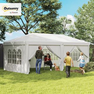 Gazebo Plegable 6X3 M Pop up Con 4 Ventanas Y Paneles Laterales, 2 Puertas Y Bolsa De Transporte, Gazebo De Exterior Con 12 Orificios De Drenaje De Metal Y Oxford, para Jardín, Fiestas, Blanco