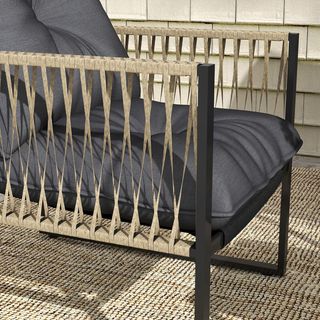 Conjunto de Muebles de Jardín de Rattan de 4 Piezas, Salón de Jardín Exterior con Sofá de 2 Plazas, 2 Sillas con Cojines y Mesa con Tapa de Vidrio, Conjunto de Jardín anti UV para Patio, Gris