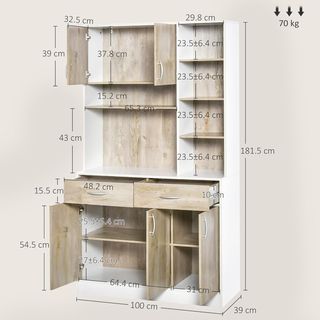 Buffet Móvil Dispensa Cocina, Puertas Cajones Y Compartimentos Abiertos, 100L X 39P X 181.5Acm Blanco Y Madera
