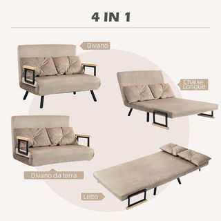Sofá Cama de 2 Plazas con Respaldo Regulable en 5 Niveles, Sofá Cama Matrimonial Plegable con 2 Cojines para Sala de Estar, en Tejido Acolchado, Acero y Madera, 102X73X81 Cm, Marrón Claro