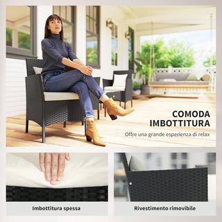 Conjunto de Jardín de 4 Piezas en Rattan con 2 Sillas, Sofá de Jardín de 2 Plazas y Mesa Baja de Café, Negro y Crema