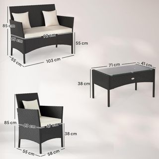 Conjunto de Jardín de 4 Piezas en Rattan con 2 Sillas, Sofá de Jardín de 2 Plazas y Mesa Baja de Café, Negro y Crema