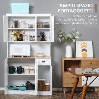 Credenza de Cocina Alta Con Armarios, Cajón Y Encimera Para Microondas, Mueble Despensa Estrecho Con Puertas Y Estantes Regulables, para Sala De Estar, Comedor, 101X39X180Cm, Blanco