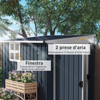 Caseta De Jardín 2.6M² De Acero Galvanizado Con 2 Salidas De Aire Y Ventana Transparente, Cobertizo Para Herramientas Con Techo Inclinado, Puerta Con Cerradura, Impermeable Y Anti UV, Gris Oscuro