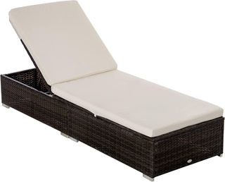 Tumbona de Jardín en Rattan PE con Respaldo Reclinable en 5 Posiciones, Tumbona de Jardín con Cojines Desfundables, Marrón