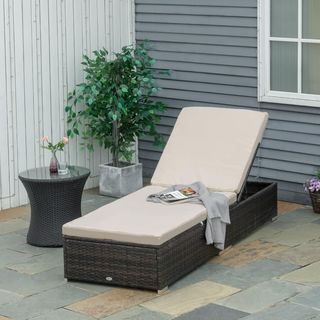 Tumbona de Jardín en Rattan PE con Respaldo Reclinable en 5 Posiciones, Tumbona de Jardín con Cojines Desfundables, Marrón