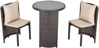 Conjunto de Mesa y Sillas de Jardín o Exterior de Ratan, Conjunto 3 Pz, Marrón y Beige
