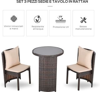 Conjunto de Mesa y Sillas de Jardín o Exterior de Ratan, Conjunto 3 Pz, Marrón y Beige