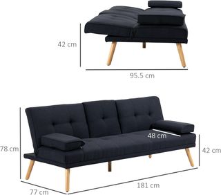 Sofá Cama de 3 Plazas Reclinable con 2 Brazos Desmontables, Sofá de 3 Plazas Acolchado Transformable en Tela y Madera con Portavasos para Sala de Estar y Salón, 181X77X78 Cm, Gris Antracita