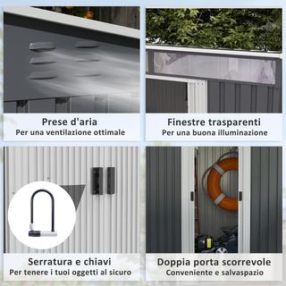 Caseta De Jardín Para Herramientas De Acero 1.2X2X1.8M Con Base, Cobertizo De Jardín Con Ventanas Transparentes, Cerradura, Puerta Corredera, Techo Inclinado, 2 Ganchos Y 2 Salidas De Aire, Gris